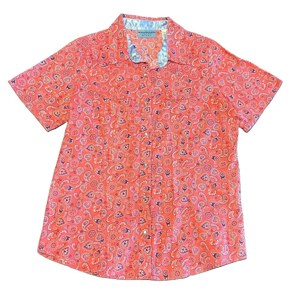 Vintage Wrangler Pearl Snap Shirt Women Medium Coral Paisley Short Sleeve 1990’s